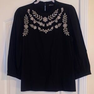 LOFT Black Blouse with White Floral Embroidery